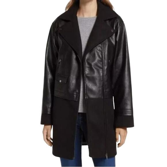 HALOGEN NEW $149 Asymmetric Zip‎ Mix Media Faux Leather Midi Coat Black Small - Picture 1 of 7